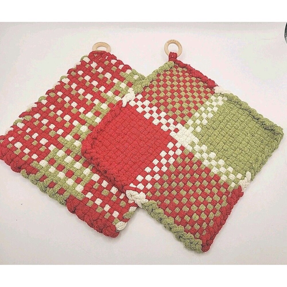 2 HANDMADE FRIENDLY LOOM PRO-SIZE WOVEN POTHOLDERS TRIVIT 100% COTTON 8" X 8"
